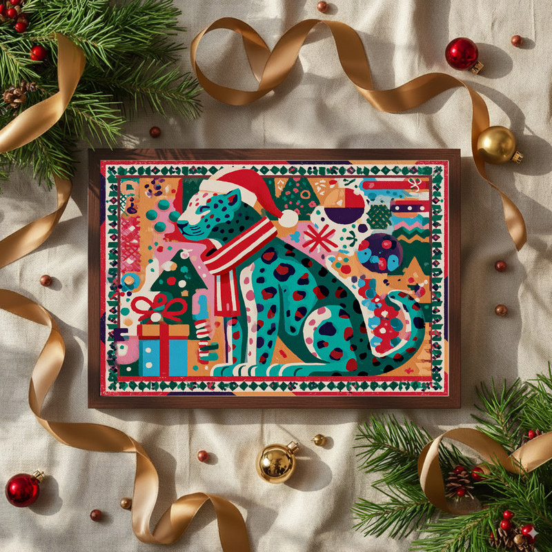 Christmas leopard canvas wall art for dorm walls, festive feline on dark background with gold accents for cozy holiday flair