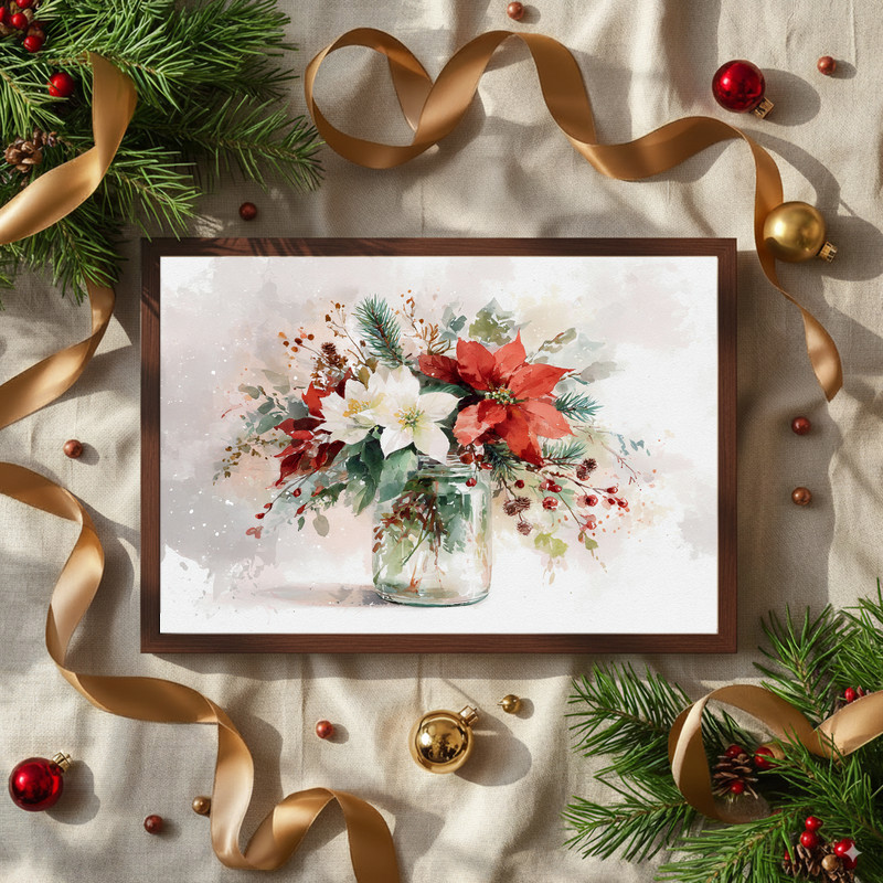 Minimal Christmas botanical canvas wall art featuring a festive vase line art, neutral palette, vertical for dorm rooms