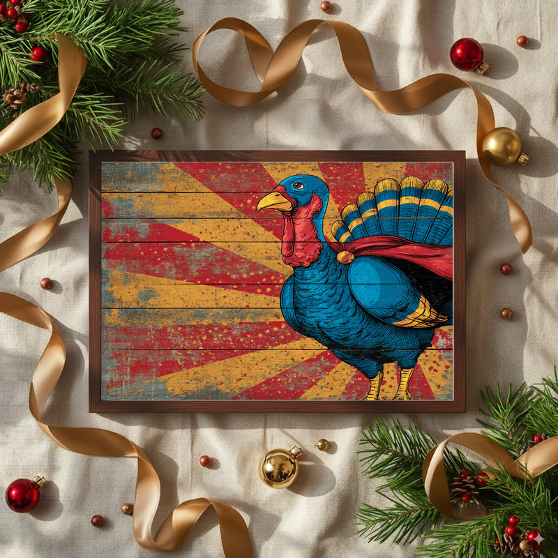Superhero turkey canvas wall art, rustic comic close-up with mask, cape, halftone shading and speech bubble accents Superhero turkey canvas wall art, rustic comic close-up with mask, cape, halftone shading and speech bubble accents