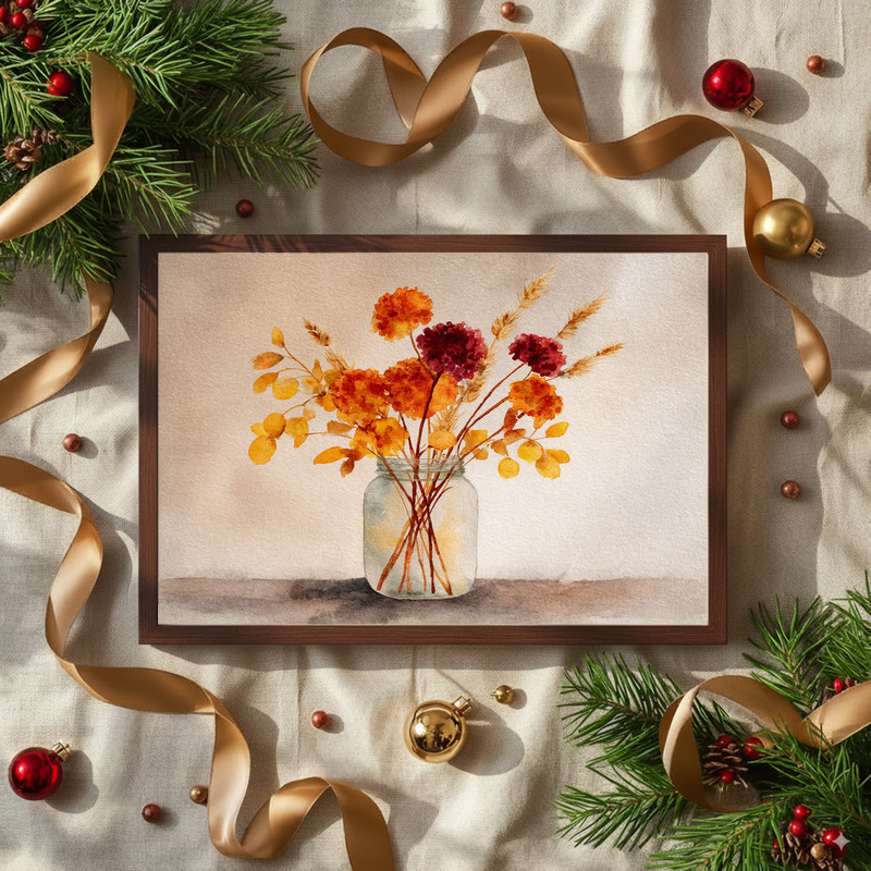 Rustic fall floral canvas wall art in muted terracotta and sage, horizontal layout adds warm seasonal charm to a dorm room