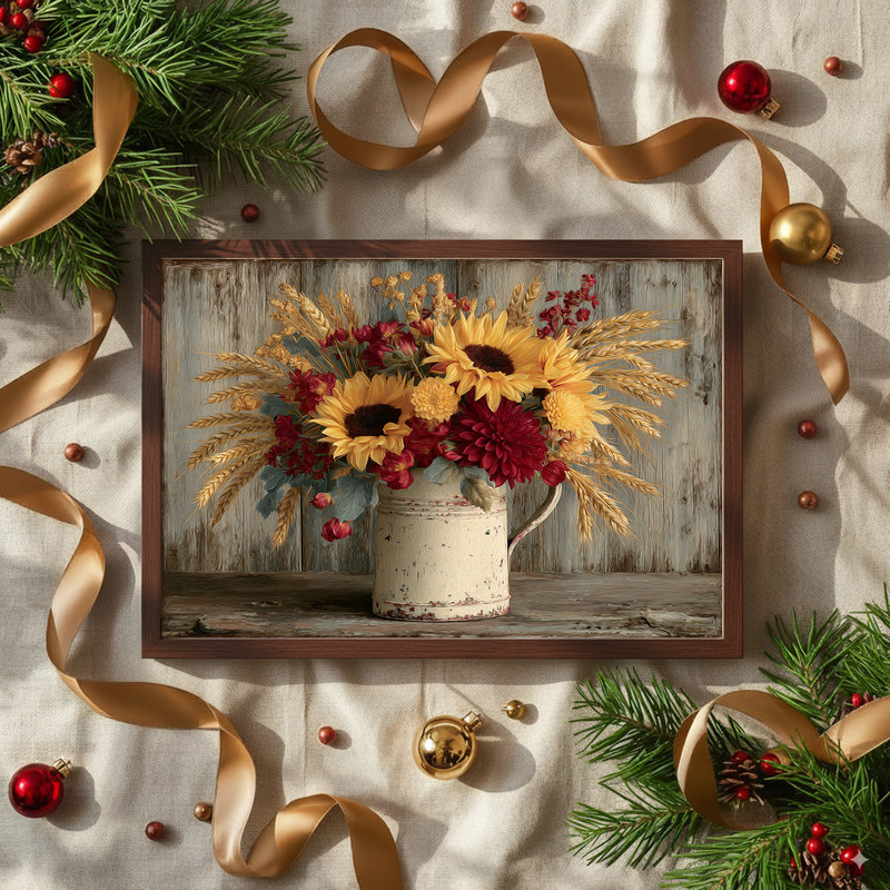 Harvest floral arrangement canvas wall art in autumn shades, set against a minimalist background for stylish dorm room decor.