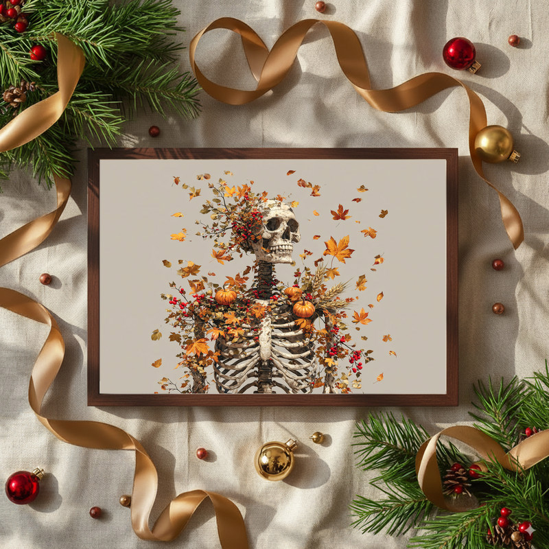 Thanksgiving skeleton canvas wall art, bold harvest-themed piece to style a college dorm wall with spooky flair