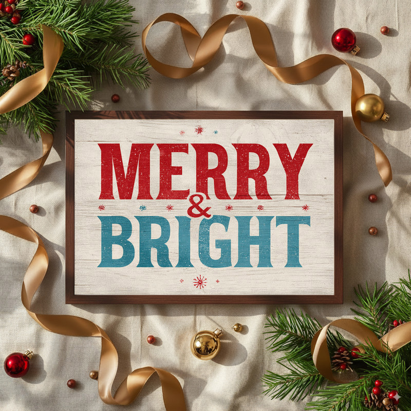 Merry & Bright Christmas canvas wall art with twinkle lights and wood grain, modern rustic dorm holiday decor, landscape