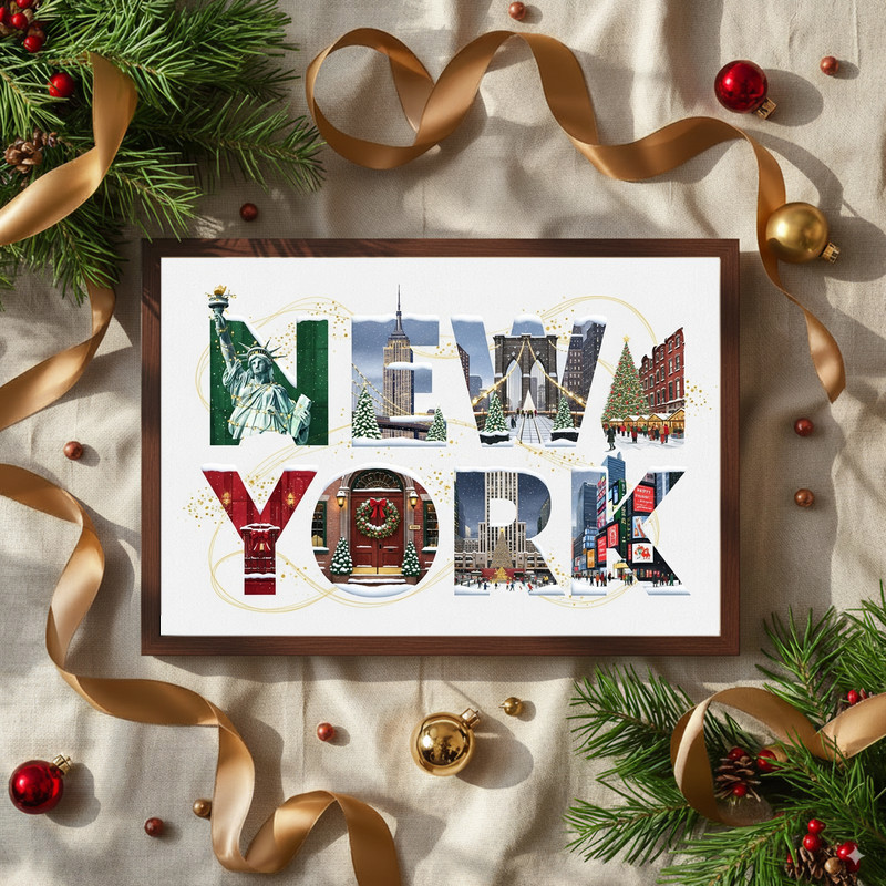 New York festive Christmas canvas wall art, landscape skyline with holiday lights, easy seasonal dorm room refresh