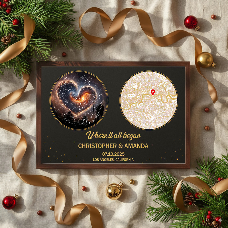 Romantic couple canvas wall art featuring custom star map and street map, names and date, perfect bedroom decor for two