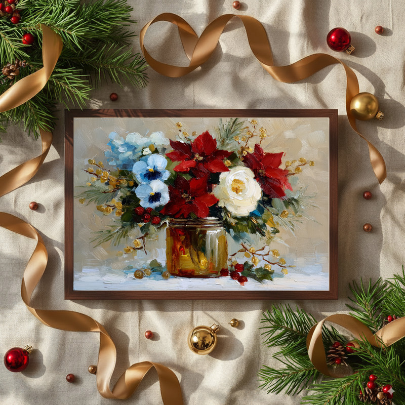 Poinsettia Dreams canvas wall art, red holiday flowers gathered in a jar with soft warmth, inviting Christmas accent for dorms