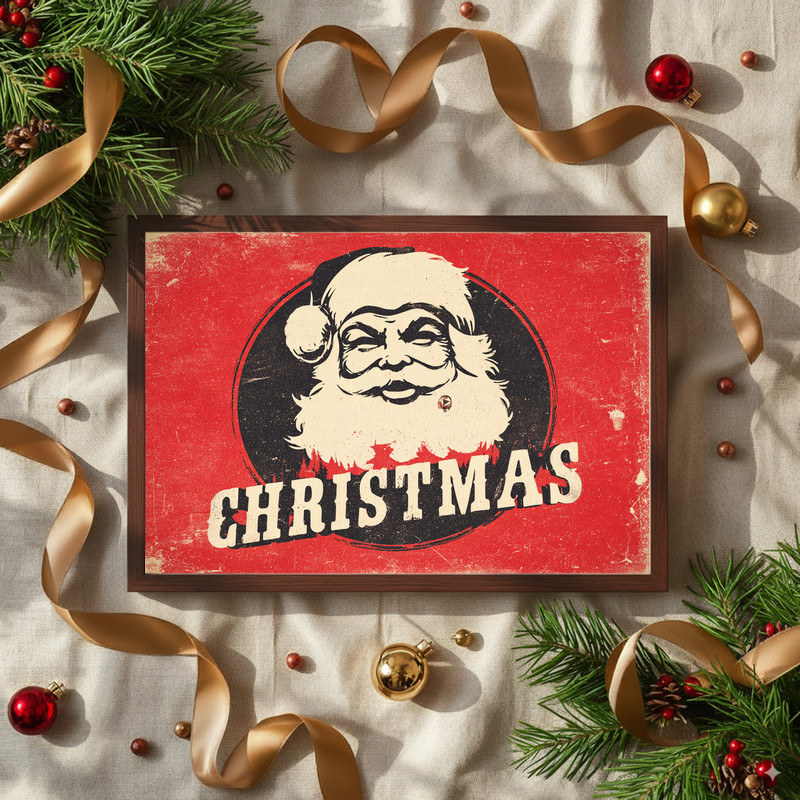 Retro Santa face Christmas canvas wall art for dorms, twinkling eyes and rosy cheeks in a playful vintage illustration