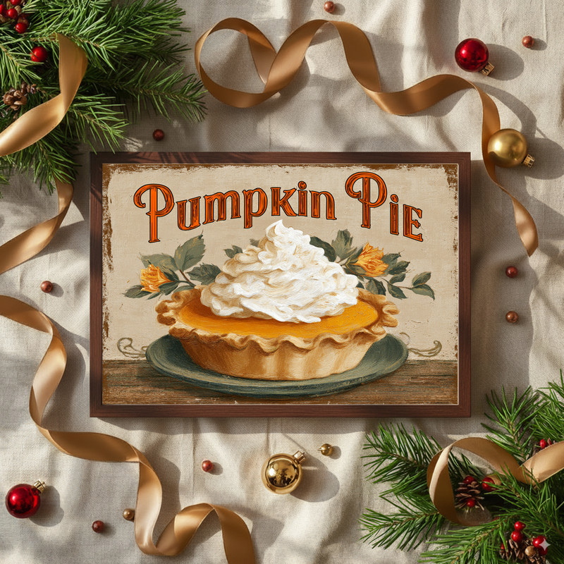 Retro Thanksgiving pumpkin pie canvas wall art featuring autumn leaves accents, bold orange palette, playful dorm aesthetic