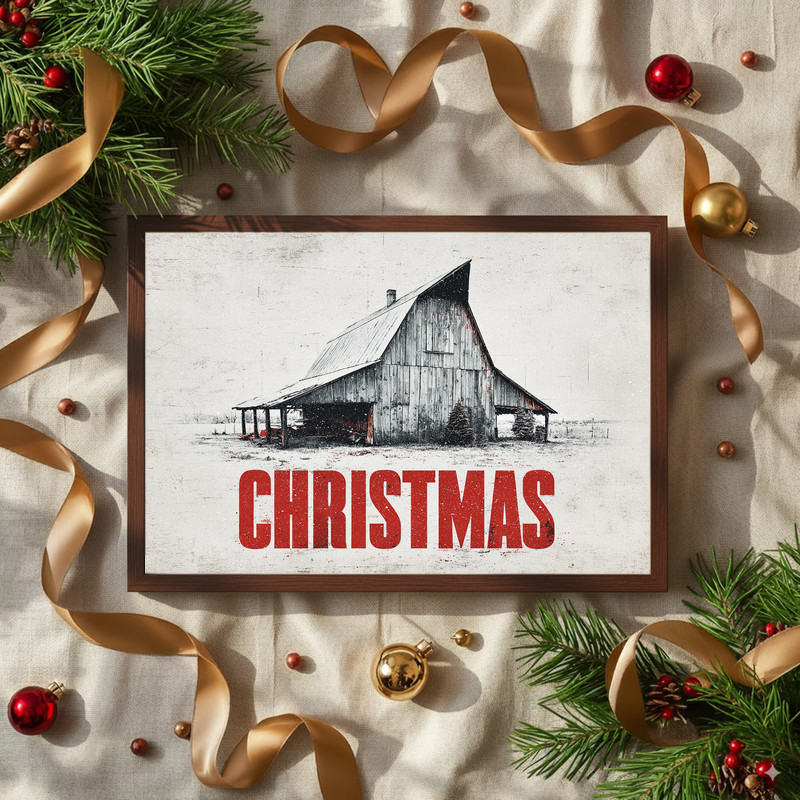 Rustic Barn Christmas canvas wall art for dorm room, string lights on red barn and fence, snowy pines, warm holiday charm
