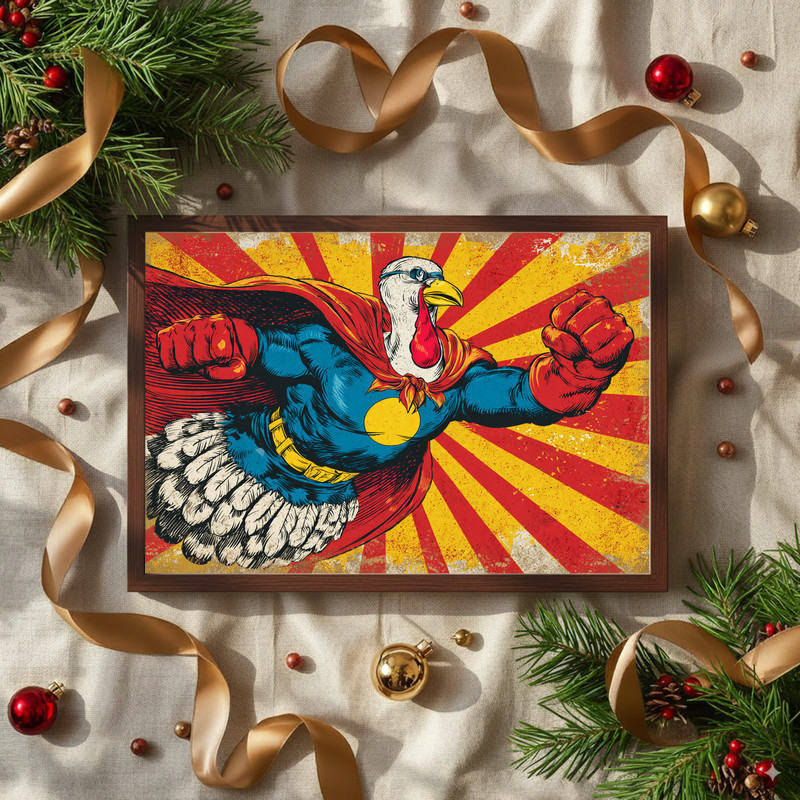 Superhero turkey Thanksgiving canvas wall art, vintage sepia tones, masked bird with cape and boots, dorm decor, portrait