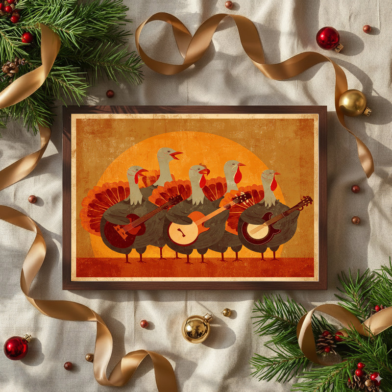 Thanksgiving retro turkey band canvas wall art, mid-century palette with line-art silhouettes, accent for dorm study nooks. Thanksgiving retro turkey band canvas wall art, mid-century palette with line-art silhouettes, accent for dorm study nooks.