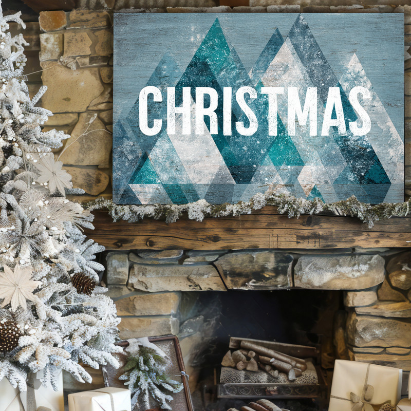 Abstract snowy Christmas canvas wall art with geometric tree forms and subtle gold accents, square orientation perfect for dorm decor