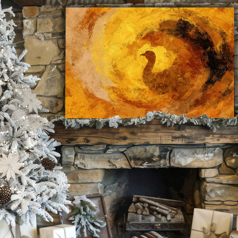 Abstract Thanksgiving turkey canvas wall art using a cool-toned palette and subtle shapes, ideal accent for dorm room walls.
