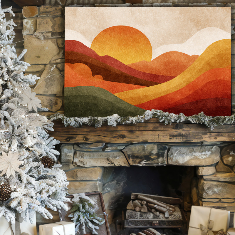 Autumn glow Thanksgiving sunset canvas wall art for dorm room, rustic style with treeline and rolling hills under golden sky