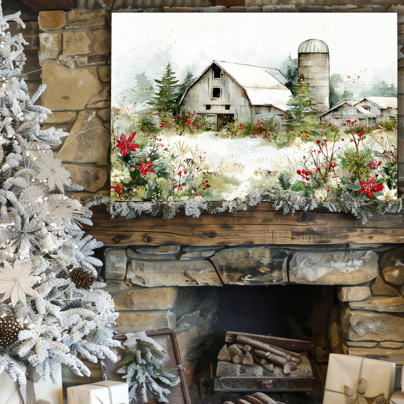 Festive watercolor Christmas homestead canvas wall art, tranquil snowy cottage, holiday gift for college dorm students