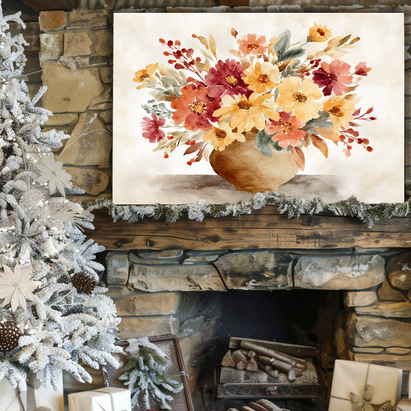 Cozy fall florals canvas wall art, watercolor autumn blooms for dorm walls in a subtle, calming neutral palette