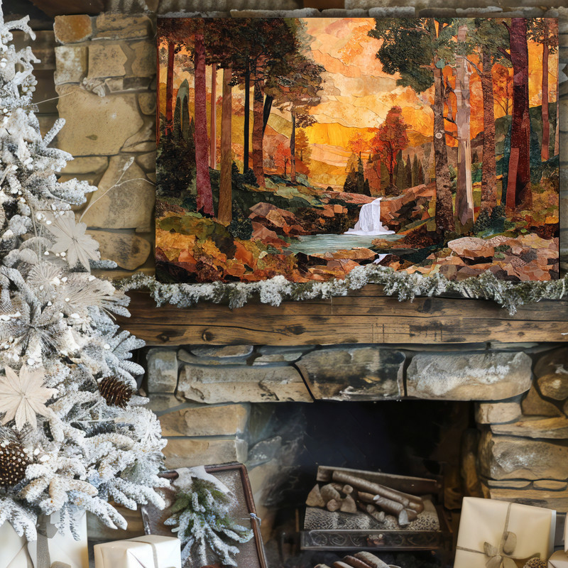 Cozy autumn falling leaves waterfall canvas wall art, thoughtful gift for college students decorating dorm spaces