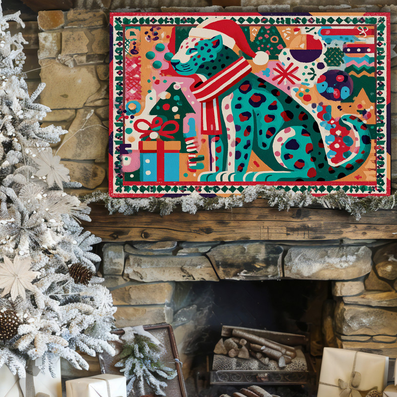 Christmas leopard canvas wall art for dorm room decor, vintage-inspired festive feline with muted palette and star motifs