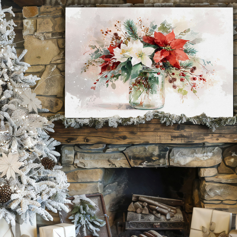 Minimal Christmas botanical canvas wall art with simple greenery in a festive vase on cream background, horizontal dorm decor