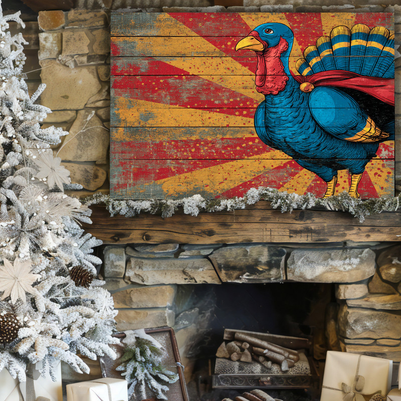 Superhero turkey canvas wall art in rustic comic style, portrait with starburst halftone, grunge edges, weathered tones Superhero turkey canvas wall art in rustic comic style, portrait with starburst halftone, grunge edges, weathered tones