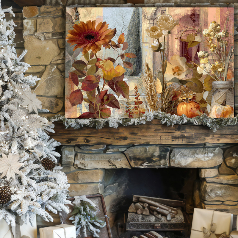 Grateful Garden canvas wall art with boho mixed-media Thanksgiving collage, rustic texture and leafy accents for dorm walls