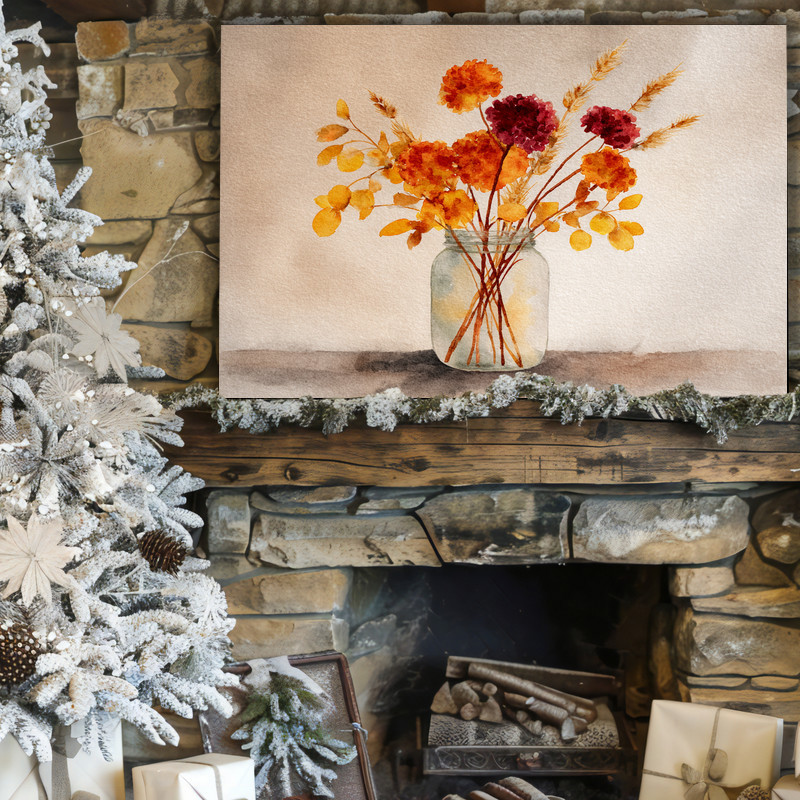 Rustic fall floral canvas wall art with gathered bouquet, vintage-inspired piece brings harvest warmth to dorm walls