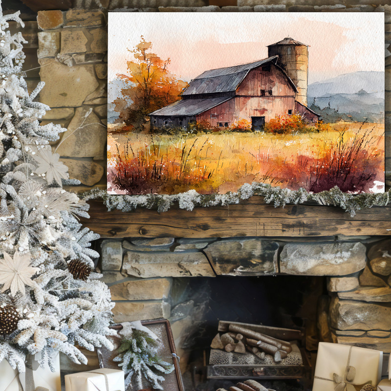 Harvest barn canvas wall art with warm fall floral landscape, soft golden light and wildflowers brighten a neutral dorm room Harvest barn canvas wall art with warm fall floral landscape, soft golden light and wildflowers brighten a neutral dorm room