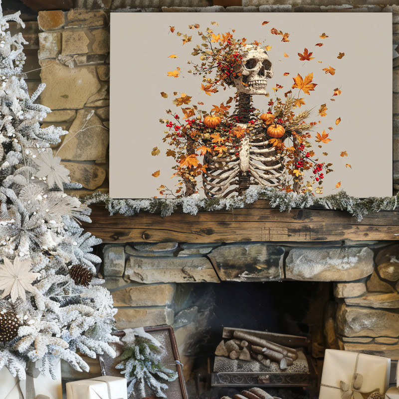 Thanksgiving skeleton canvas wall art, eerie harvest iconography to elevate dorm room walls with seasonal goth charm