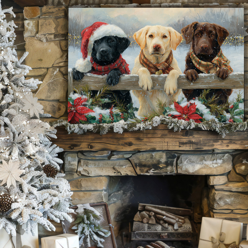 Christmas Labrador canvas wall art, whimsical holiday puppy design to brighten study walls and create a merry dorm mood