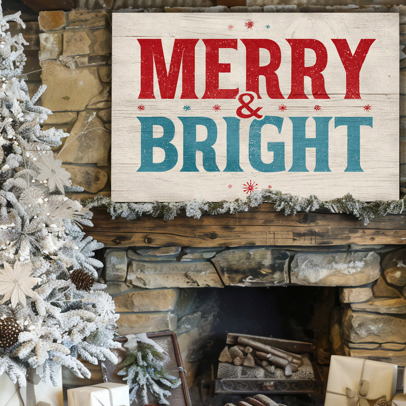 Merry & Bright Christmas canvas wall art with red and green accents on faux wood, modern rustic holiday style for dorm decor