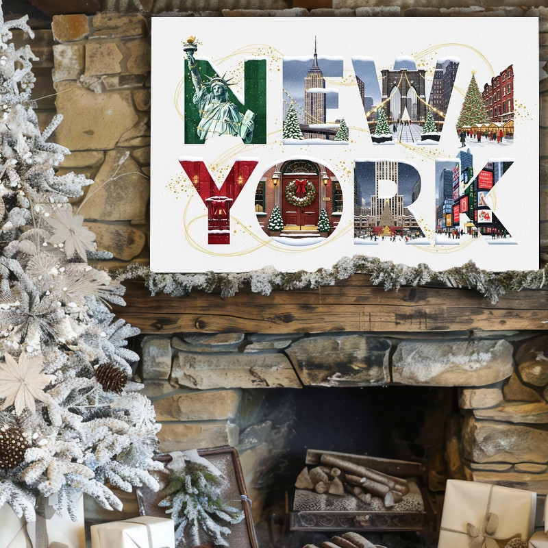 New York festive Christmas canvas wall art, bold graphic skyline with candy cane accents, holiday decor for college dorms