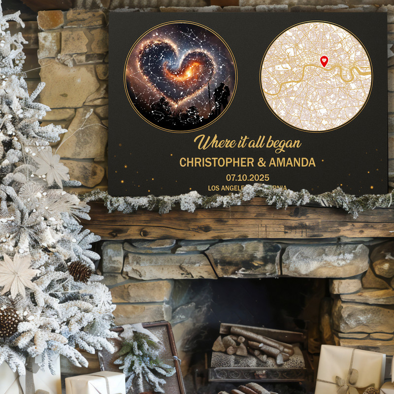 Custom star and street map canvas wall art in minimalist black and white, landscape, names, date, city coordinates