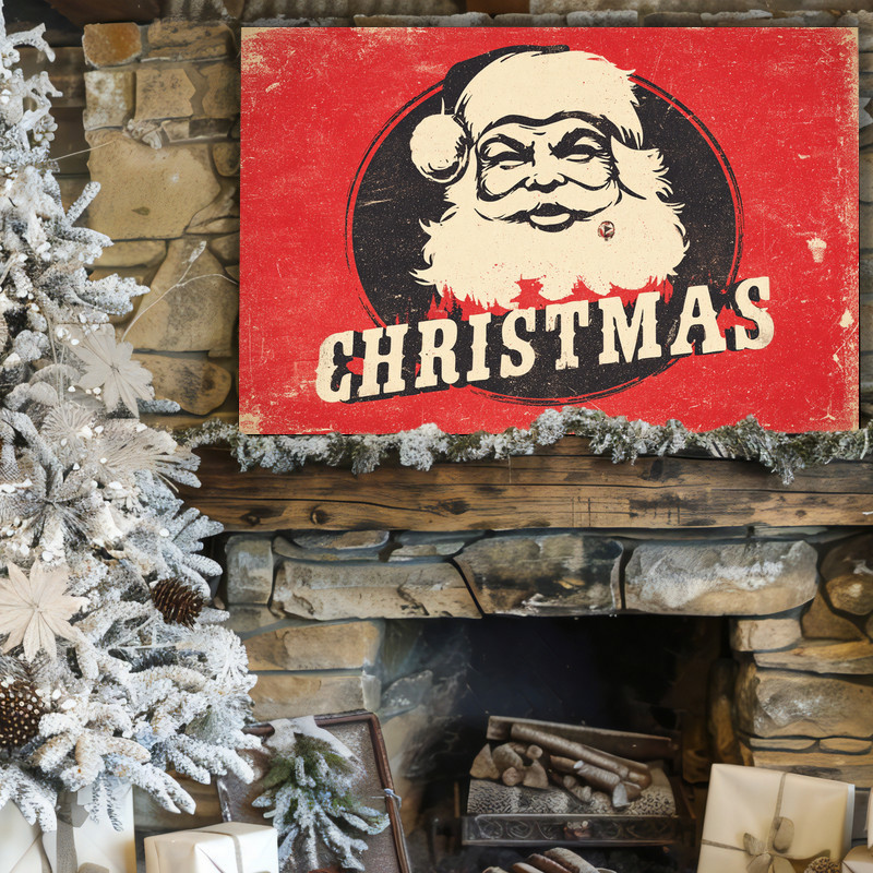 Retro Santa face Christmas canvas wall art, playful dorm wall accent with bold graphic lines and classic red cap and beard