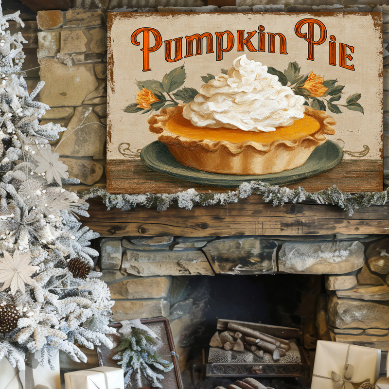 Retro Thanksgiving pumpkin pie canvas wall art, fun fall gift for college students, nostalgic style for dorm decorating