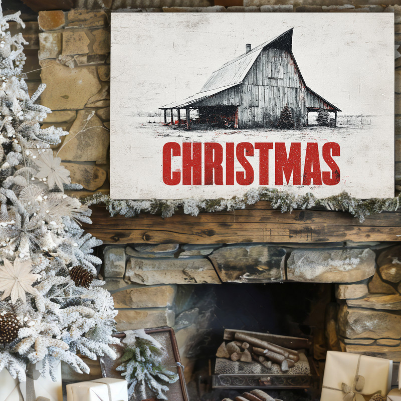 Rustic Barn Christmas canvas wall art for dorm room, rustic watercolor style, red barn in snow with pine forest and snowfall