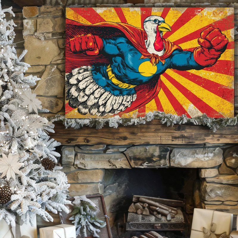 Superhero turkey Thanksgiving canvas wall art, bold variant with teal cape and yellow mask, rustic kraft texture, portrait