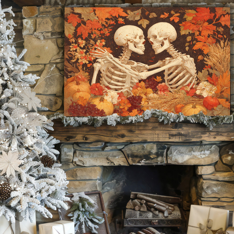 Romantic autumn canvas wall art with vintage sepia fall palette and heart accents, a focal point for cozy dorm rooms