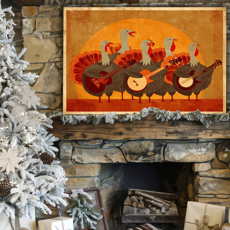 Thanksgiving retro turkey band canvas wall art, grainy 90s college-rock vibe with zine textures, quirky touch for dorm decor. Thanksgiving retro turkey band canvas wall art, grainy 90s college-rock vibe with zine textures, quirky touch for dorm decor.