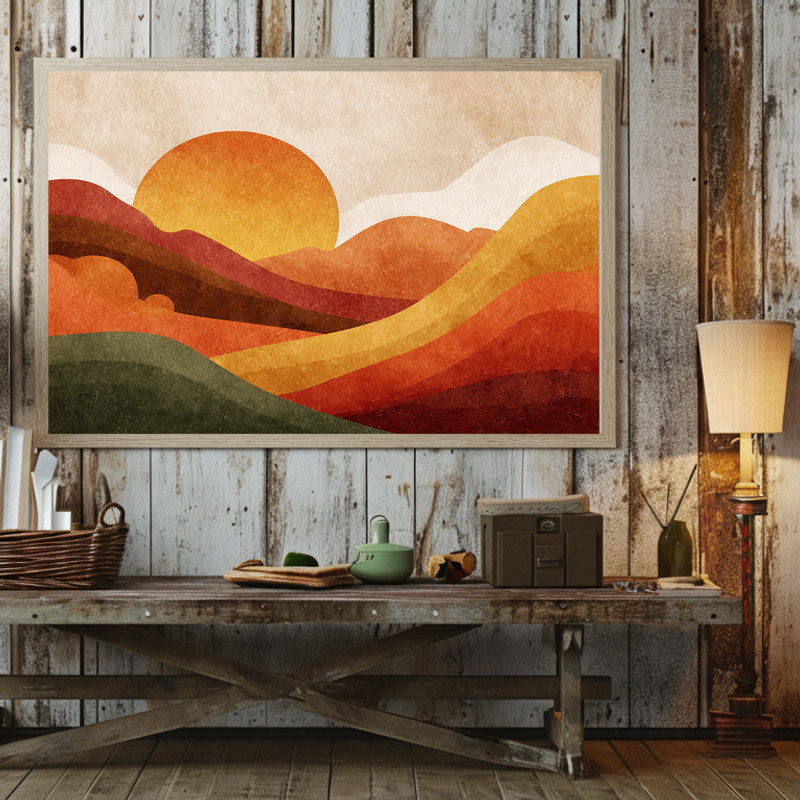 Autumn glow Thanksgiving sunset canvas wall art, square format dorm decor with crimson-to-gold gradient sky and horizon line