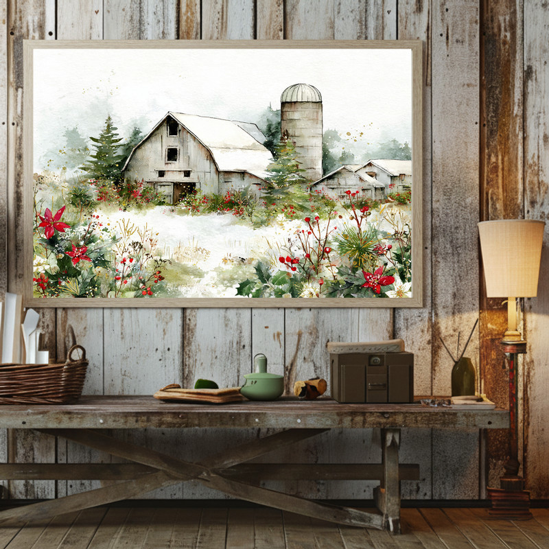 Christmas homestead canvas wall art, soft watercolor palette, serene winter scene to elevate cozy dorm room holiday decor