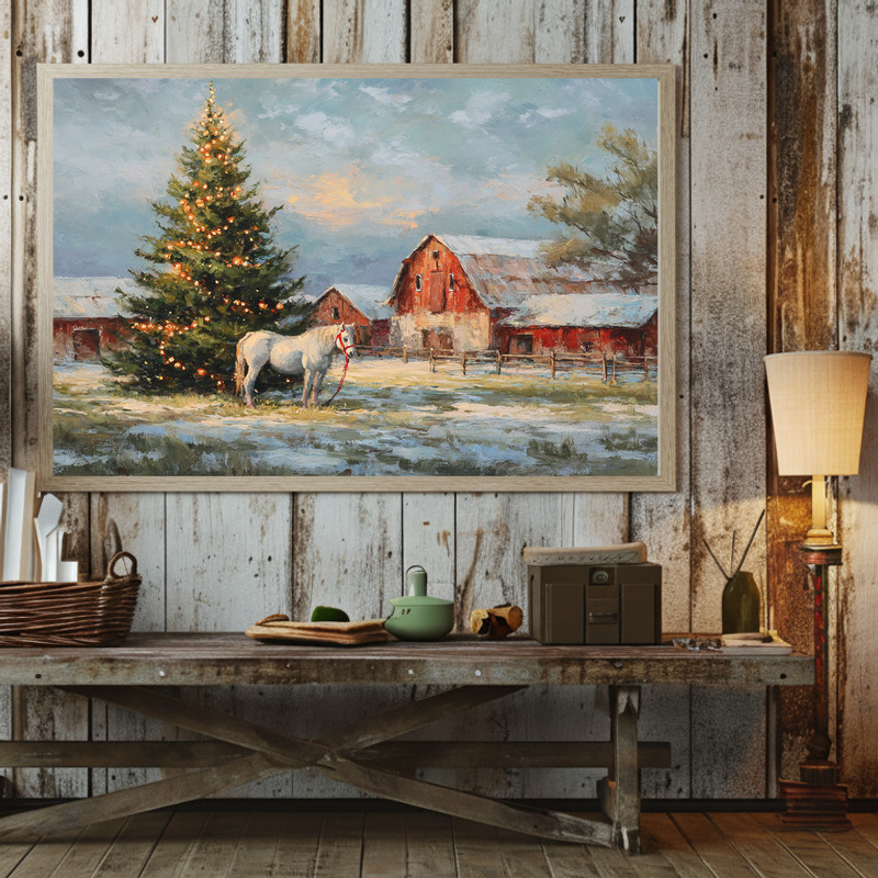 Cozy Christmas countryside canvas wall art of rolling hills, pine forests, and string lights for a festive accent in a dorm room
