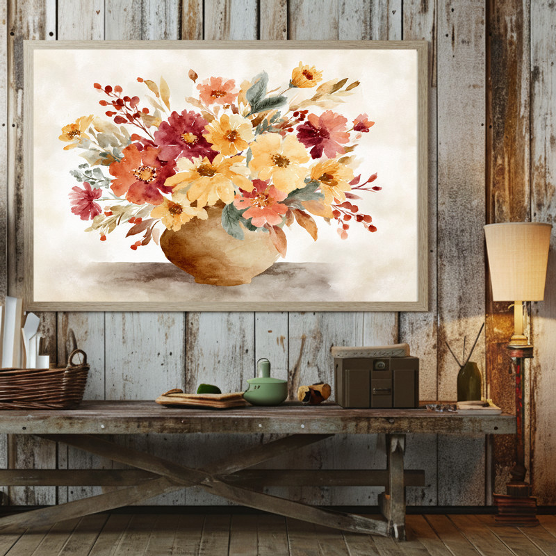 Cozy fall florals canvas wall art, watercolor floral print for dorm bedroom decor in warm neutrals with soft texture