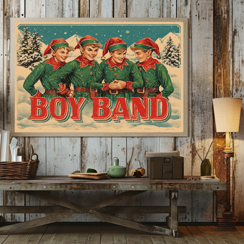 Elf boyband Christmas canvas wall art print, retro rustic aesthetic adds whimsical holiday charm to student dorm walls