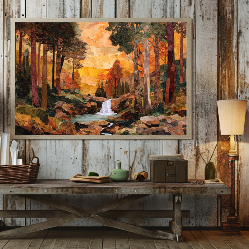 Cozy autumn falling leaves waterfall canvas wall art, wide forest view with flowing stream for cozy dorm wall accents