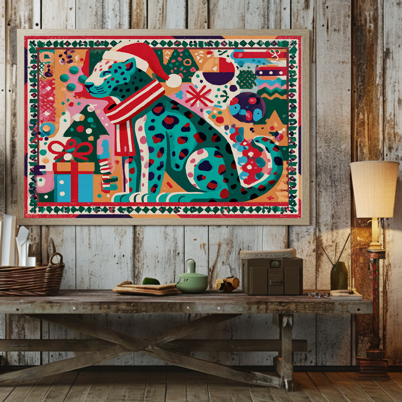 Christmas leopard canvas wall art, Scandinavian style for dorm walls, clean lines, white background, cozy modern winter feel