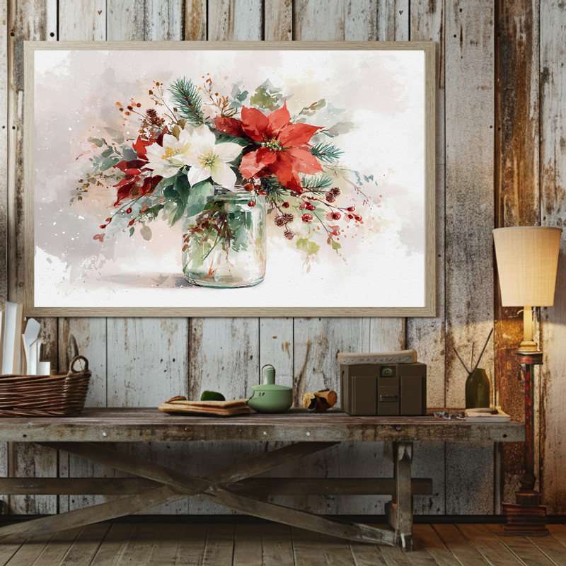 Festive vase Christmas botanical canvas wall art in sage green palette with red berry accents, portrait for modern dorm walls