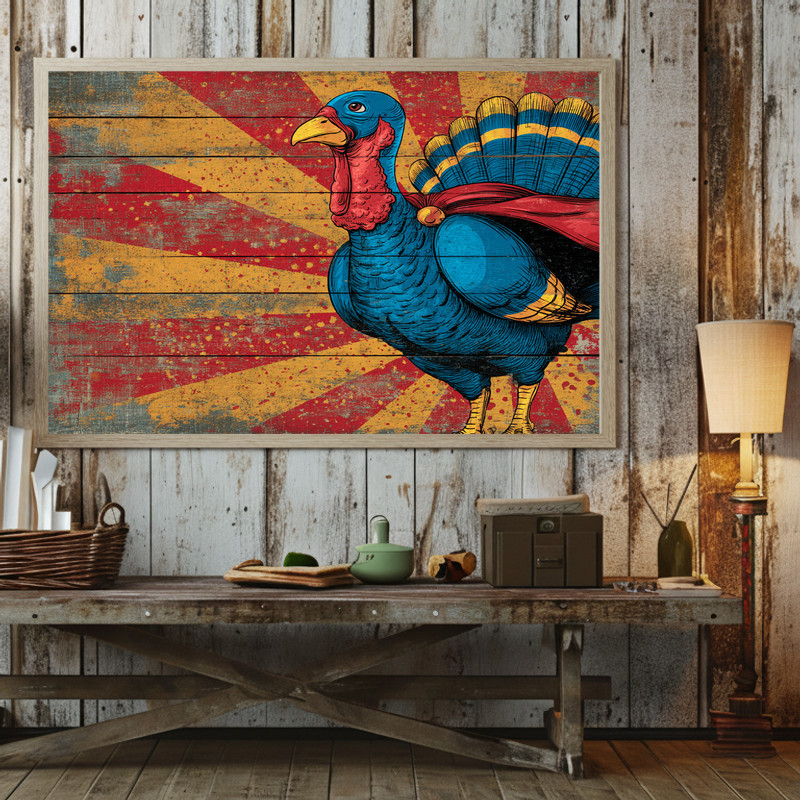 Superhero turkey canvas wall art, rustic comic hero with mask and cape, bright accents for playful kids' playroom wall decor Superhero turkey canvas wall art, rustic comic hero with mask and cape, bright accents for playful kids' playroom wall decor