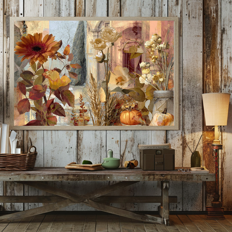 Grateful Garden canvas wall art, mixed-media Thanksgiving garden in cool teal and copper tones, accent for dorm study areas