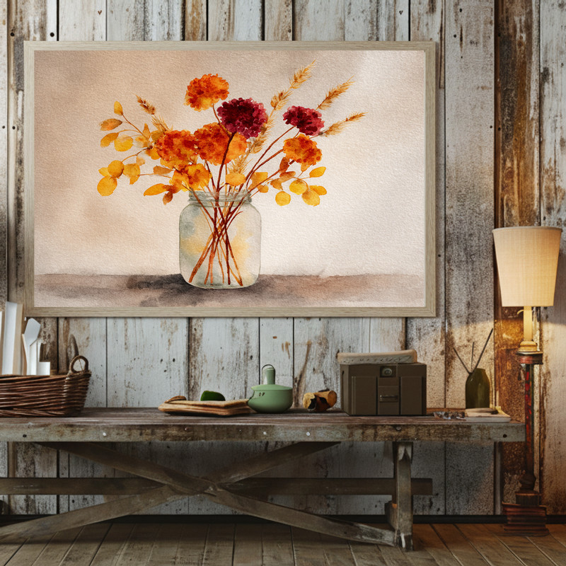 Rustic fall floral canvas wall art, ochre and rust flowers with soft brushwork, square format ideal for gallery dorm displays