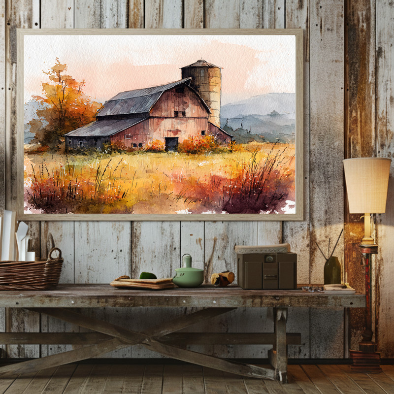 Harvest barn canvas wall art with cozy fall florals, distant barn and muted sky tones, perfect for a dorm room gallery wall Harvest barn canvas wall art with cozy fall florals, distant barn and muted sky tones, perfect for a dorm room gallery wall